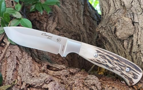 J&V Coltello CORZO Corno di Cervo Full Tang da Caccia Campeggio Outdoor Sopravvivenza e Bushcraft a Lama Fissa 10 cm con Guaina. Handmade in Spain
