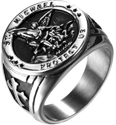 JewelryWe Bague Homme Chevalière Saint-Michel: Bague Chevalière Acier Inoxydable Insigne Religieux de Saint-Michel Style Biker Chrétien Amulette - Cadeau Anniveraire Fête des Pères,Argent