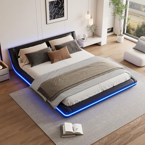 Aoskem Polsterbett 160x200 cm Doppelbett, LED-Bett, Flachbett Bodenbett, Bettgestell Mit Lattenrost Aus Holz, Jugendbett Rückenlehne, Ohne Matratze, PU-Kunstleder Schwarz