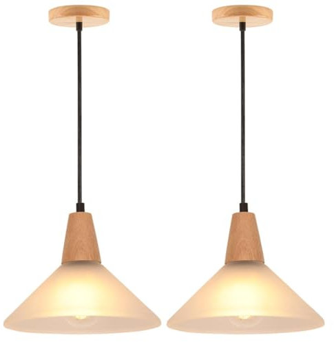 TOKTOP Lot de 2 Suspension Luminaire en Verre Lustre Vintage E27 Plafonnier Moderne Abat-jour en Verre Bois Lampes Suspendues pour Cuisine Salle à Manger Chambre