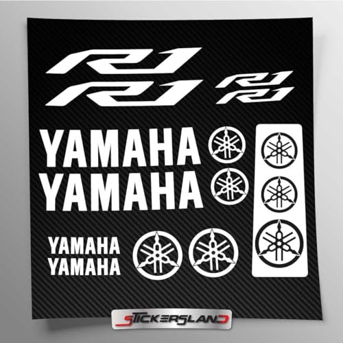 Kit adesivi compatibile con serbatoio e casco moto | Base Vinile Trasparente FACILE APPLICAZIONE Stampa UV | scritte loghi | Stickersland® - R1 New dal 2015 al 2024 (Bianco)