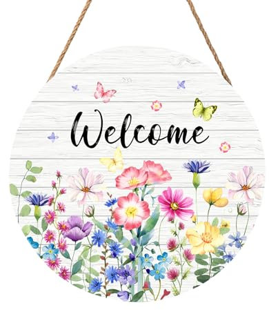 Spring Wildflowers Welcome Sign for Front Door Spring Summer Decorations Welcome Door Hanger Sign Spring Floral Butterfly Wooden Wreath Seasonal Farmhouse Wreaths for Wall Front Door Porch 12x12