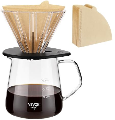 VEVOK CHEF Ensemble cafetière à dépression, carafe en verre borosilicate de 59 cl et filtre à café en verre avec 100 filtres coniques en papier, cafetière manuelle pour la maison et le camping