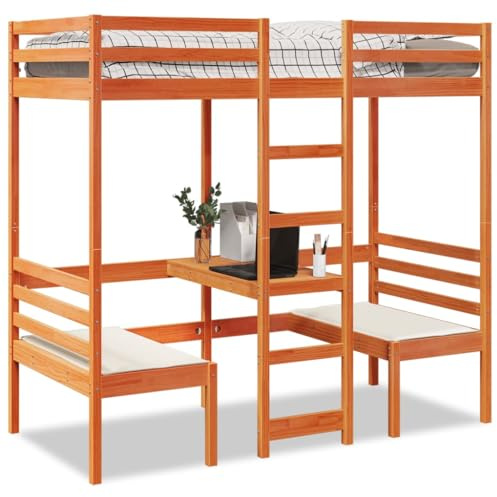 KTHLBRH Bettgestell Familienbett Doppelbett Schlafzimmer möbel Hochbett mit Schreibtisch & Stühlen Braun 90x200 cm Kiefernholz