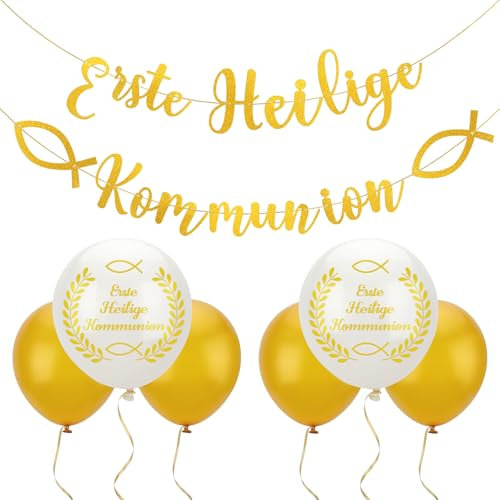 Bomtop 12 Stück Kommunion Deko Girlande Erste Heilige Kommunion Jungen Mädchen Glitzer Gold Banner Luftballons Erstkommunion Deko Papiergirlande Hängedeko