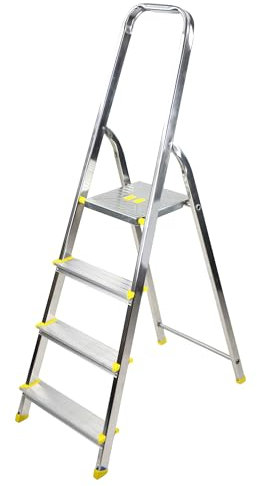 Bayersystem BS-DA4 150 Trittleiter mit 4 Stufen, Aluleiter, bis 150 kg belastbar, max. Arbeitshöhe 2,78 m, Klapptrittleiter mit Handlauf, Anti-Rutsch-Füße, Klapptritt für Haushalt, Silber/Gelb