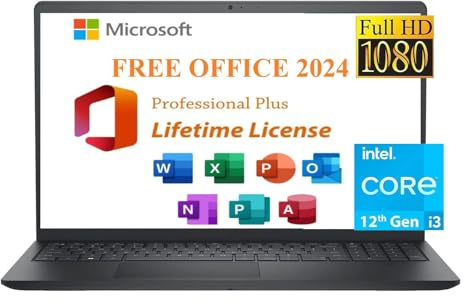 Dell 2024 Inspiron 15 Laptop, Free Microsoft Lifetime Office 2024 & Win 11 Pro, 15,6 Zoll FHD 1920 x 1080, Intel 6-Core i3-1215U bis zu 4,4 GHz, 12 GB RAM, 512 GB PCIe SSD,Webcam, lange Akkulaufzeit