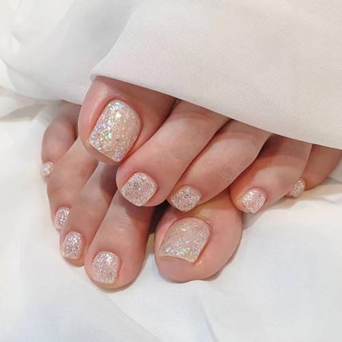 24PCS Nude French Tip Press On Toe Nails, Short Square Glitter Fake Toenails with Accessory Tools, Premium ABS Shimmering Stick On Nails for Women DIY Pedicure