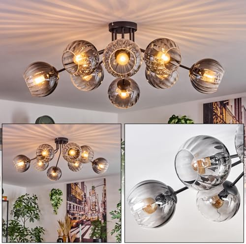 HOFSTEIN Deckenleuchte Koyoto, 8-flammige Deckenlampe aus Metall/Riffelglas in Schwarz/Rauch/Klar, Leuchte im Retro/Vintage-Design (Schirme Ø 15 cm), E14, Esszimmer, Wohnzimmer, Schlafzimmer, Büro