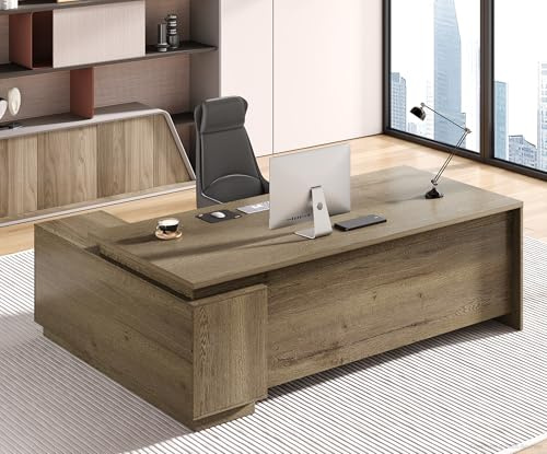 Anzhap 63 Executive Desk, Modern Office Desk with Storage Drawers & Power Outlets, Reversible L-Shaped Computer Desk Corner Desk with Open Shelves for Office & Home Office (Walnut)