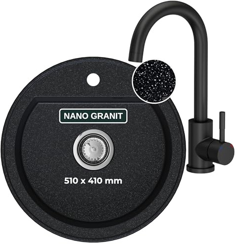 SINK QUALITY Spülbecken Rund mit armatur Ø 51 cm - Granitspüle schwarz mit weißen Flecken mit Wasserhahn, Siphon und Imprägniermittel - Küchenspüle Rund für Unterschränke ab 55cm