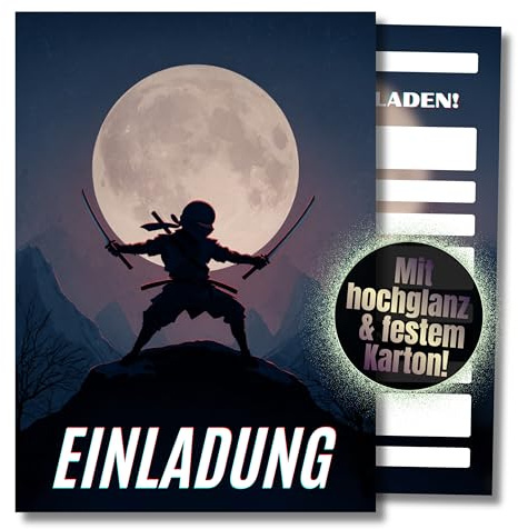 HIDEBLOOM Ninja Einladungskarten Kindergeburtstag Junge - 12 Stück - DIN A6 (10,5 cm x 14,8 cm) - Einladungskarten Geburtstag - Geburtstagseinladungen Jungen - Einladung Ninja