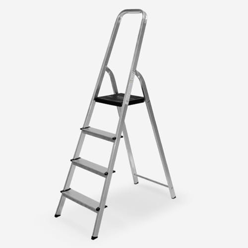 Klappleiter aus Aluminium, 6 Stufen, 202 cm Gesamthöhe, mit oberem Geländer, rutschfeste Füße, Plattform, für den Hausgebrauch, rutschfeste Stufen, Scherenleiter