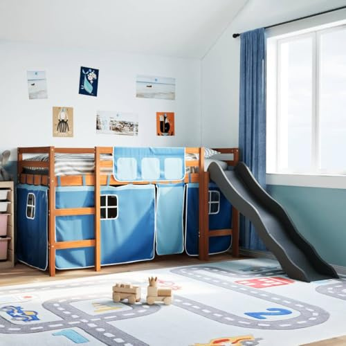 Yunovire Kinderhochbett Blau 80x200 cm aus massivem Kiefernholz mit Rutsche, Vorhängen & Rausfallschutz, Spielbett für Kinderzimmer