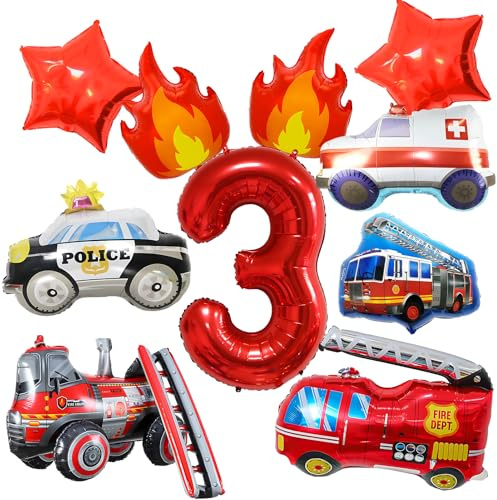 XXL Geburtstagsdeko Feuerwehr 3 Jahre, Feuerwehr 3 Geburtstag Luftballon | Feuerwehr Folienballon mit Feuerwehrauto, Polizeiauto und Krankenwagen Motiv, Geburtstagsdeko 3 Jahre Junge