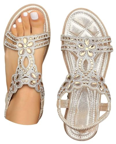 Womens Rhinestone Sandals T-Strap Bohemian Crystal Flat Sandals with Elastic Ankle Strap Summer Rhinestone Beaded Flats