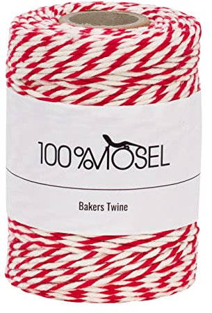 100% Mosel Cordón de algodón, en Rojo-Blanco (2 mm x 100 m), Cuerda de algodón sostenible, Cinta para Regalo para Alimentos para Navidad y Adviento