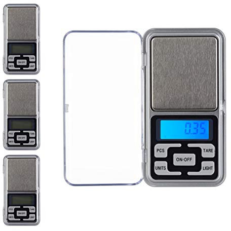 Relaxdays 4 x Digitale Feinwaage, wiegt bis 200 g, 0,01 g Schritte, Tara- & Zählfunktion, kalibrierbar, Mini Taschenwaage, Silber