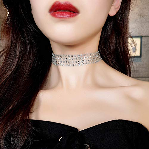 TseenYi Halskette, glänzend, breit, Zirkoniastein, Kropfband, Spitze, verstellbar, Boho-Stil, Schlüsselbeinkette, Schmuck für Damen und Mädchen (Silber)