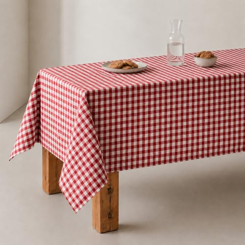 Nappe Anti-Taches Tableau Vichy, Coton, Toucher Tissu, 140x200 cm, Couleur Rouge