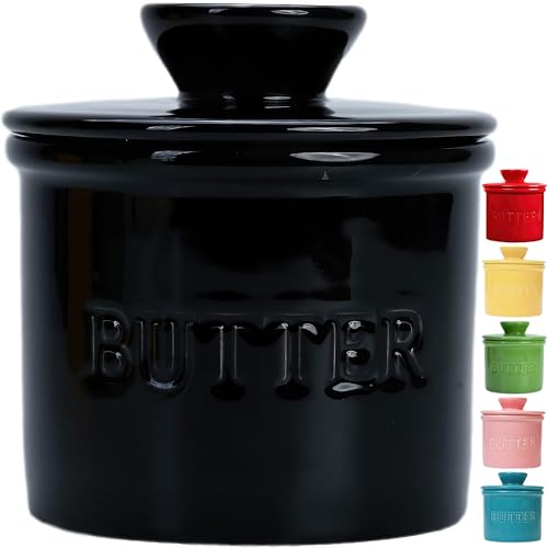 PriorityChef Französischer Buttertopf für Theke, Butterbehälter mit Wasserlinie, Keramik-Butterdose mit Deckel für Arbeitsplatte, einfach Butter in den Glockenbehälter legen, Schwarz