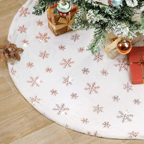 QueenDream Gonna per albero di Natale in peluche bianco in finta pelliccia con fiocchi di neve con paillettes oro rosa per albero di Natale, 91,4 cm