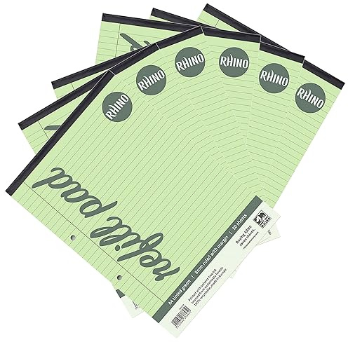 RHINO A4 Refill Pad, Writing Pad, 100-Page / 8mm Lined with Margin, 6-Pack, Green Lined Writing Paper for Dyslexia & SEN, Office & School Stationery Supplies