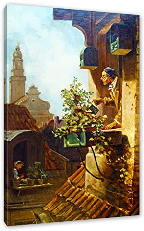 Pixxprint Carl Spitzweg - Im Dachstübchen, Weiß, Größe: 60x40cm, Leinwandbild, fertig gespannt, Wandbild, Dekoration, Kunstdruck, kein Poster