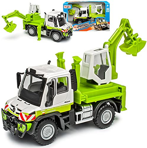 Mercedes-B Unimog mit Bagger Gruen Baustellenfahrzeug ca 1/43 Modell Auto
