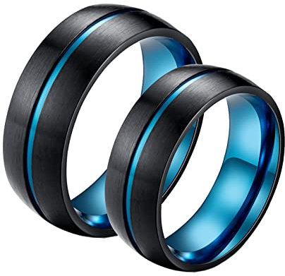 Daesar Verlobungsringe Paarpreis Edelstahl, Eheringe mit Gravur Paar Ringe Set für Sie und Ihn, Schwarz Blau Ringe Breit 8MM Damen Gr.60 (19.1) & Herren Gr.62 (19.7)