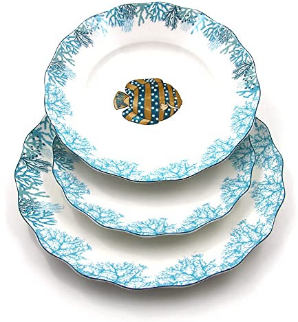 The Royal Family Vajilla decorativa Mediterránea de 6 plazas de mesa (18 unidades) de porcelana brillante y resistente - Apto para lavavajillas y horno - Mare Blu
