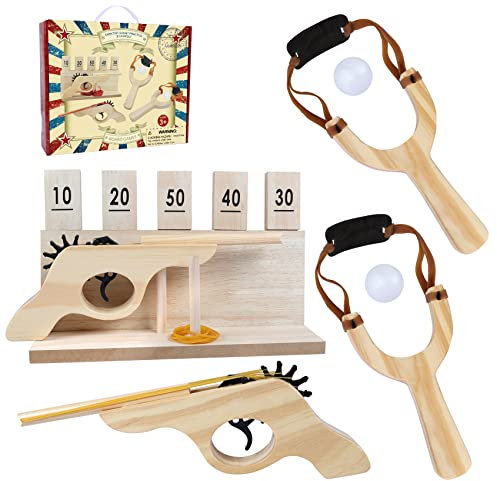 Gonoelec Wooden Multi-shot Rubber Band Pistol Slingshots Toy Wooden Number Target Stand for Kids and Adults Rubber Band Gun and Catapult Game Set Gift for Party and Family Gatherings
