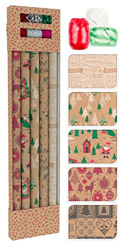 Spetebo Weihnachts Geschenkpapier 5 Rollen braun matt - 11 teilig - Geschenkverpackung Set mit Schleife und Band - Nikolaus Wichtel Geschenk Verpackung Papierrollen aus Recyclingpapier
