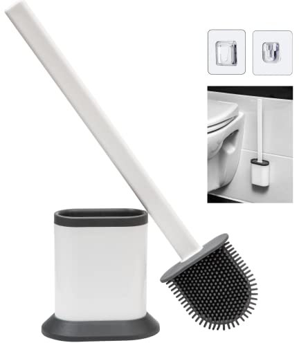 SALAROT Toilet Brush.1 Pack Hygienic, Soft, Flexible Bristles and Quick Drying Silicone Toilet Brush with Holder. Wall Mounted Or Flat Use Loo Brush. White Elegant Design For Bathroom Cleaning Brush.