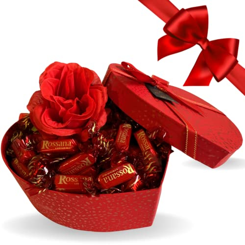 Cofanetto Regalo San Valentino e Festa della Donna 2025 - Scatola a Cuore Elegante Rossa 18,5cm + 350gr Caramelle Rossana + Rosa Artificiale Rossa (CUORE ROSSO MEDIO)