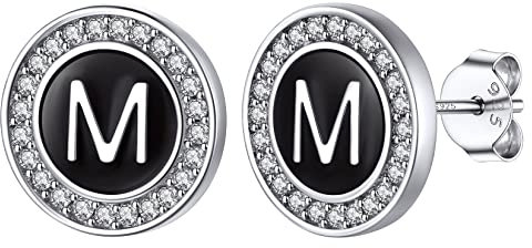 Silvora Boucles d'Oreilles Argent 925 Femme Homme Initial Lettre Blanc Noir Clou d Oreille Pierre Zircone Ronde-10mm Fille Cadeau pour Maman Copine Soeur Ado Jeune Adult