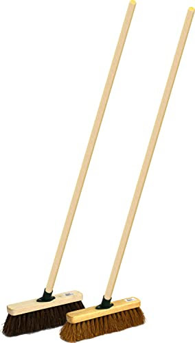 Twin Pack Wooden Sweeping Brooms Stiff Bassine and Soft Coco Brush with Wooden Handles 12