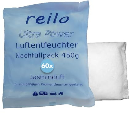 reilo Jasminduft 60x 450g Luftentfeuchter Granulat, Nachfüllpack | Calciumchlorid-Granulat im Vliesbeutel gegen Feuchtigkeit & Schimmel, mit frischem Jasminduft – für Wohnraum & Keller