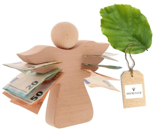 HOFMEISTER® Engel Geldgeschenk Geldengel Holz - mit Schlitzen für Geldscheine, Geschenk für Verschiedene Anlässe, Geburtstag Konfirmation Kommunion Jubiläum Hochzeit Einzug, aus Erle und Buche, 15 cm