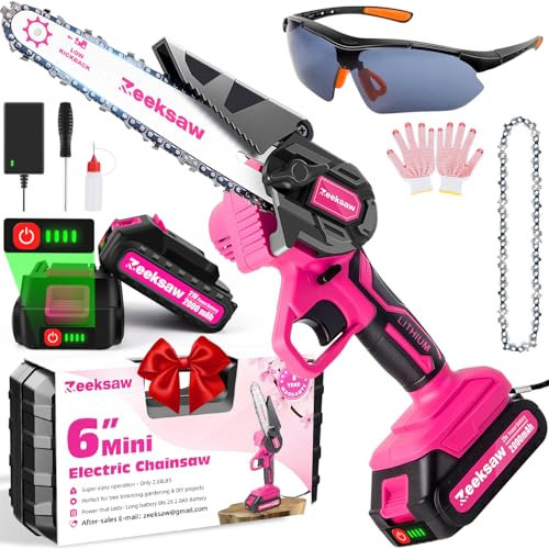 Mini Chainsaw Cordless 6 inch - Upgraded Pink Electric Cordless Handheld Chainsaws with Power Indicator - Rechargeable Mini Chain Saw -One Hand Held Portable Small Chainsaw Battery Powered for Women