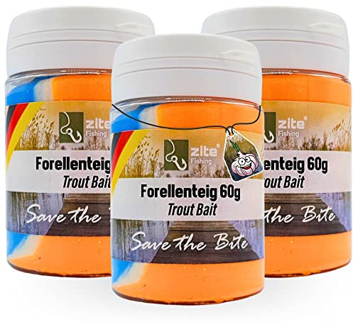 Zite Fishing Forellenteig-Set mit Knoblauch-Aroma 60g – Fängige UV Forellenpaste Schwimmend als Forellenköder – Trout Bait Teigköder in knalligen Neonfarben mit Glitter - 3 Stück (Regenbogen Orange)