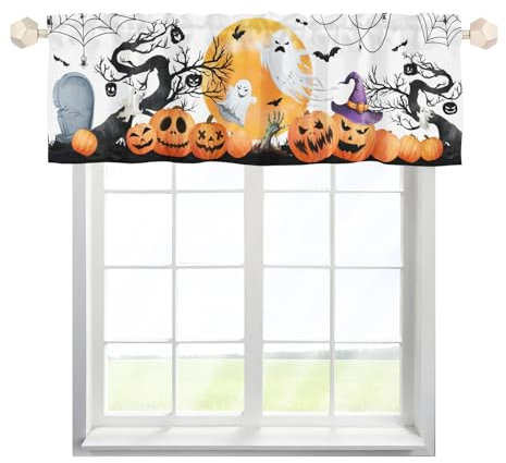EHJOS Halloween Kürbis Geist Scheibengardinen Bistrogardine mit Stangendurchzug Kurz Stores Schals Landhaus Küchegardine für Küche Wohnzimmer 137x45cm,1 Stück