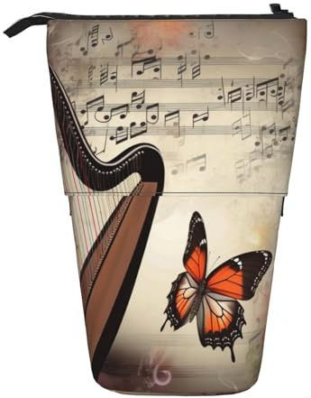 EVANEM Teleskop Federmäppchen Schreibwaren Fall für Büro Musik Note Stehende Bleistifttasche Pop up Bleistifthalter Stifthalter für Urlaub Geschenk Stand-up Organizer Retractable Pencil Pouch, Harfe