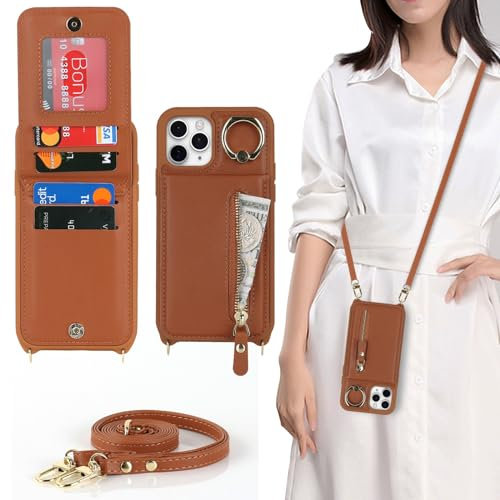 Zouzt for iPhone 11 Pro Max Case with Cord and Card Holde, Zipper Wallet Case with Crossbody Lanyard Ring Adjustable Necklace Protective Cover Women for iPhone 11 Pro Max 6.5 Inch - Brown