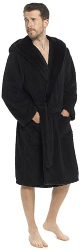 GM Apparel Dressing Gowns for Men - Fleece Gown Sherpa Hooded Bathrobe - Black Grey Robes Bath Robe for Mens