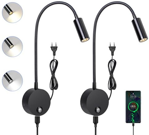 ERWEY 2 Stück Leselampe Wand, LED Wandleuchte Touch Dimmbar 3 Farbtemperatur Modi, Schwanenhals Bettlampe mit USB Ladeanschluss für Schlafzimmer, Schwarz