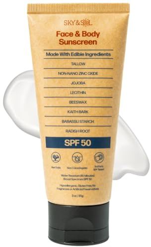 Sky and Sol Mineral Sunscreen SPF 50 | With Grass-Fed Tallow & Zinc Oxide | Non-Greasy Formula for Face & Body | Made Without Reef-Harming UV Filters | 3 oz (85 g)