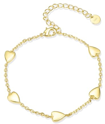 ASH'S CHOICE Damen Gold Armband Herz, Armkette Herz Ketten Gold, 14K Echt Vergoldet Verstellbar Armbänder Herz Charm Fußkettchen 925 Sterling Silber Freundschafts Armband Gold Ketten Damen Frauen