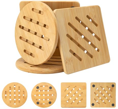 VOSSOT 4 Stück Topfuntersetze Bambus Untersetzer, Bambus Rutschfestes Waschbar Untersetzer, Untersetzer Topf Untersetzer-Set,Hitzebeständiger topfuntersetzer für Küche Schüssel Töpfe Teller Kanne