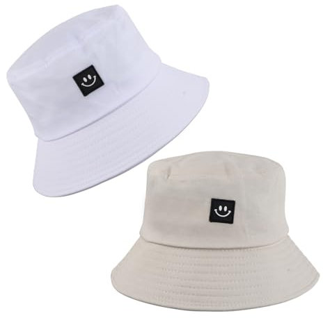 Amexo 2 Stücke Unisex Fischerhüte Bucket Hat Beige und Weiß Faltbar Baumwolle Buckethut Sommerhut mit Smile-Muster Damen Herren Anglerhut Freizeithut für Angeln Wandern Camping Reisen